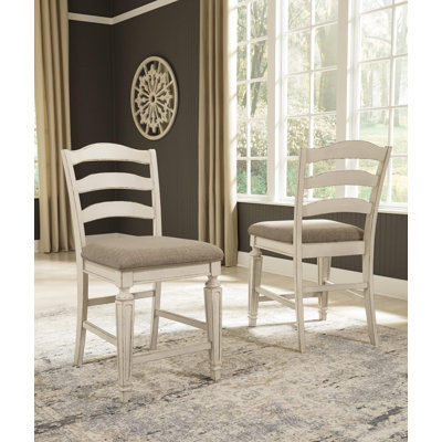 French Country Chipped White Counter Height Upholstered Barstool Set Of 2 - Ladderback Design