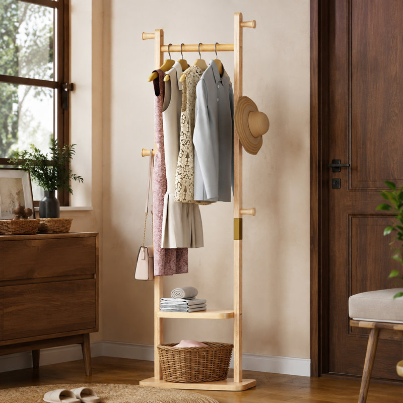 Porte-manteau en bois massif, design compact, construction en bois d'hévéa et profil haut, Naturel