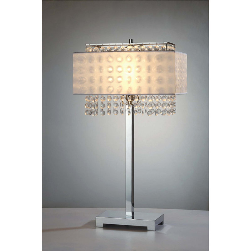 Lampe de table de 28 po en métal avec finition argentée, abat-jour blanc avec détails en cristal