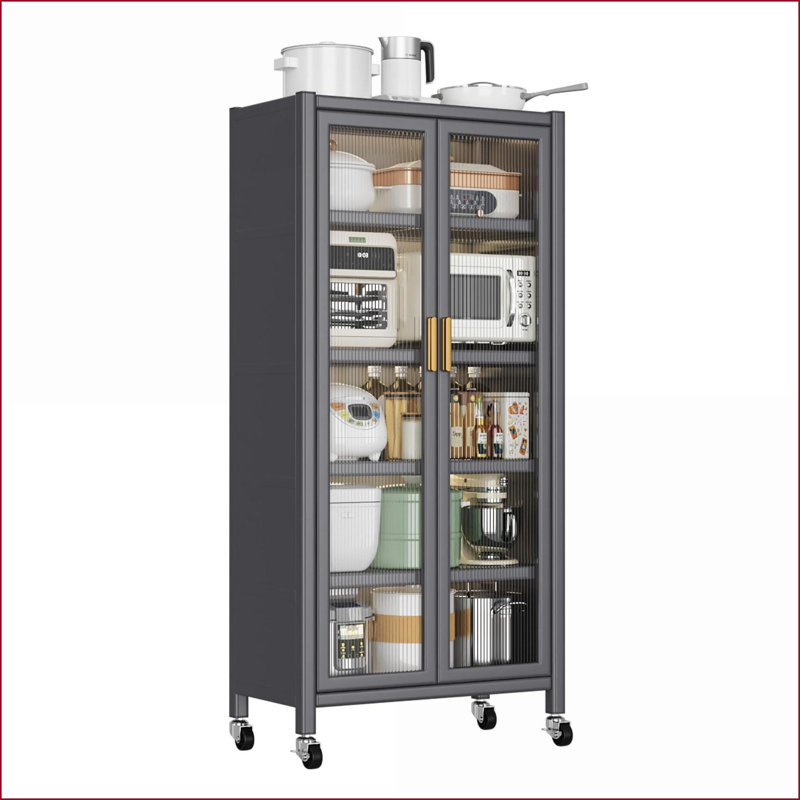 Armoire de rangement pour la cuisine: tablette à micro-ondes du sol au plafond avec tablettes ouvertes / fermées, gris | Gris | Métal