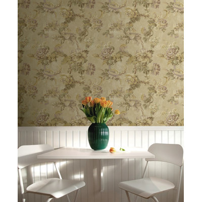 Seabrook Designs Metallic Khaki & Maroon Marta Floral Trail Unpasted Wallpaper