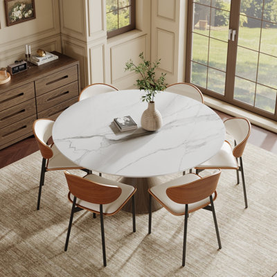 6-Person Dining Table Set With 53''/59'' Round Table & 6 Leather Upholstered Side Dining Chairs