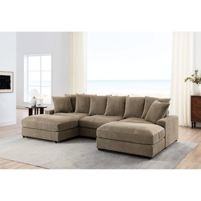 Canapé d'angle modulable réversible 5 places, revêtement en velours côtelé camel, coussins amovibles en mousse, coutures soignées, hauteur 85,6 cm, idéal pour une soirée cinéma dans le salon, largeur 317 cm, un jeu amusant