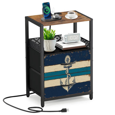 Table de chevet 2 tiroirs en tissu avec station de charge Coastal Rustic Beach