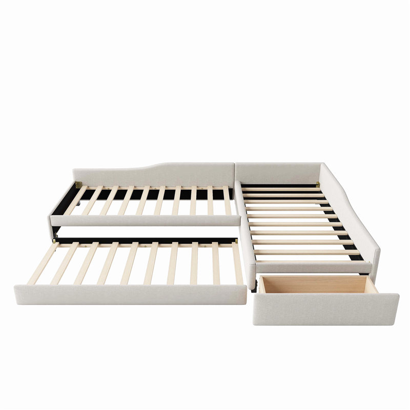 Lit de jour double rembourré avec couchette et tiroir, beige