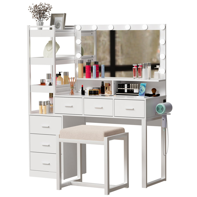 Latitude Run Makeup Vanity Table Set, Large Vanity with LED Lighted Mirror & Power Outlet, Double Sliding Door Vanity Desk, 4 Drawers & Multiple-Tier