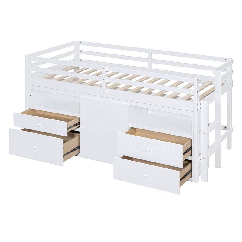 Lit mezzanine simple avec 4 tiroirs, sous l'armoire et les tablettes, blanc