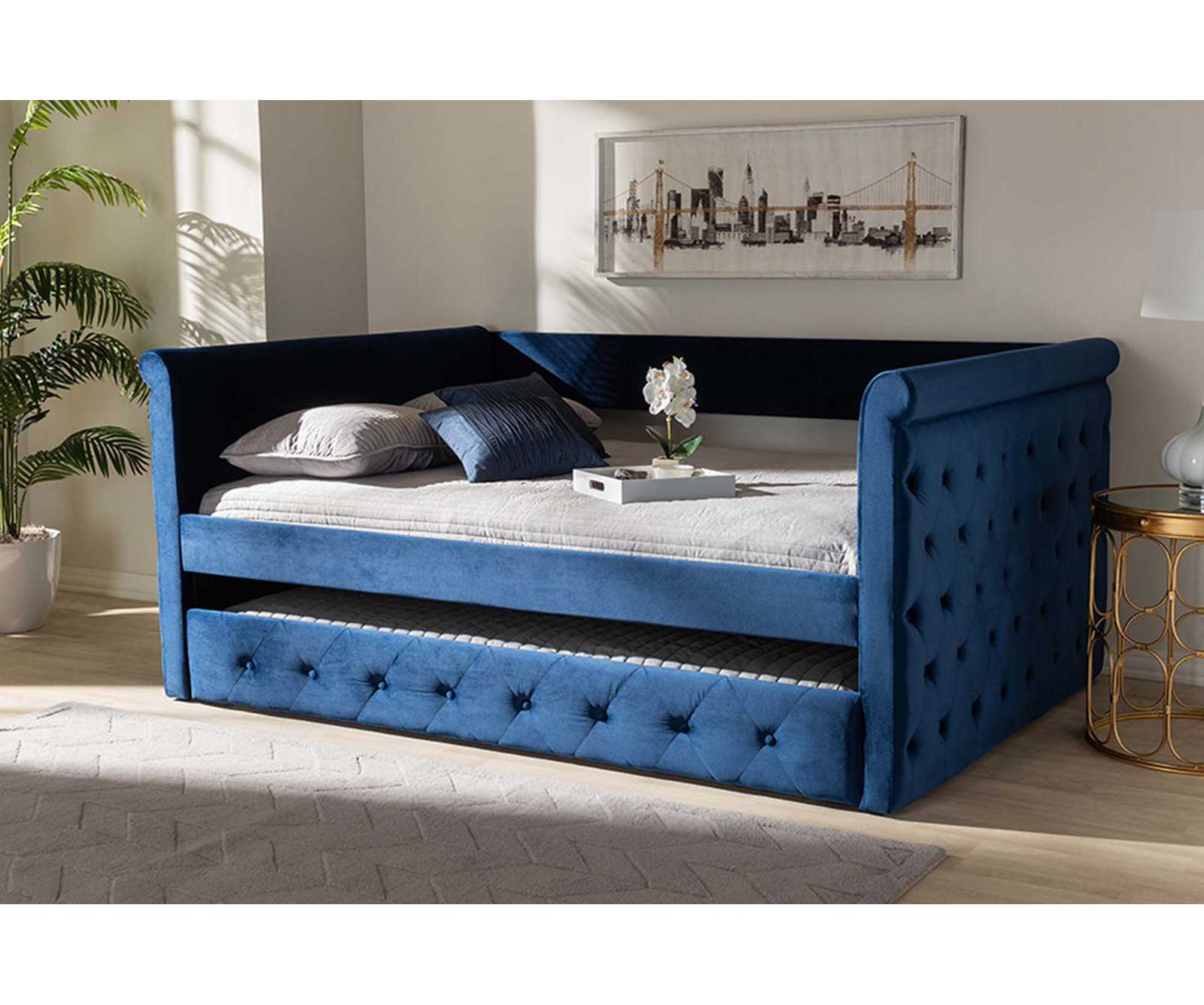 Samitha Daybed with Trundle, Twin, Navy Blue Velvet