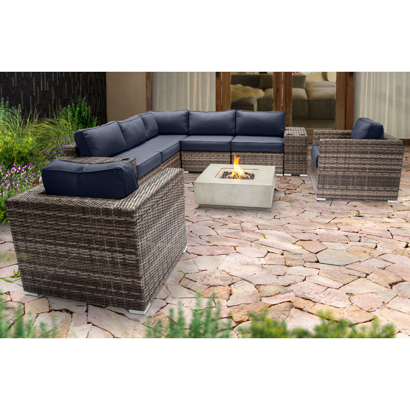 Ensemble de conversation pour 6 personnes avec foyer et coussins Sunbrella Lsi, Bleu marine Sunbrella