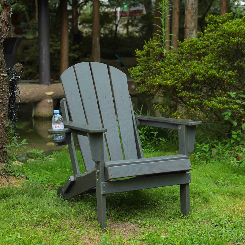 HDPE Folding Adirondack Chair With Dual Cup Holder - Composite Adirondack Chair With Wood Texture, Gray