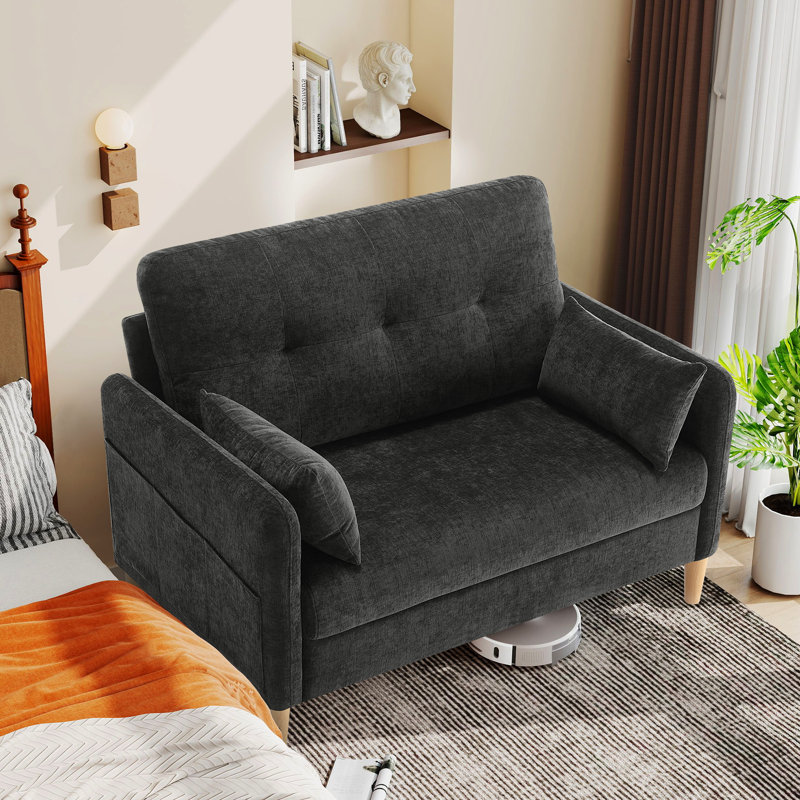 George 47’’ Chenille Tufted Loveseat Sofa With 2 Pillows And Storage Pockets Couches, Darkgray