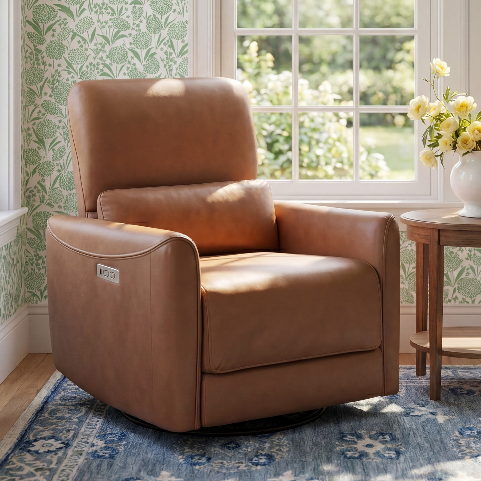 Santo 33" Genuine Leather Swivel Power Recliner, Aline Butternut Top Grain Leather