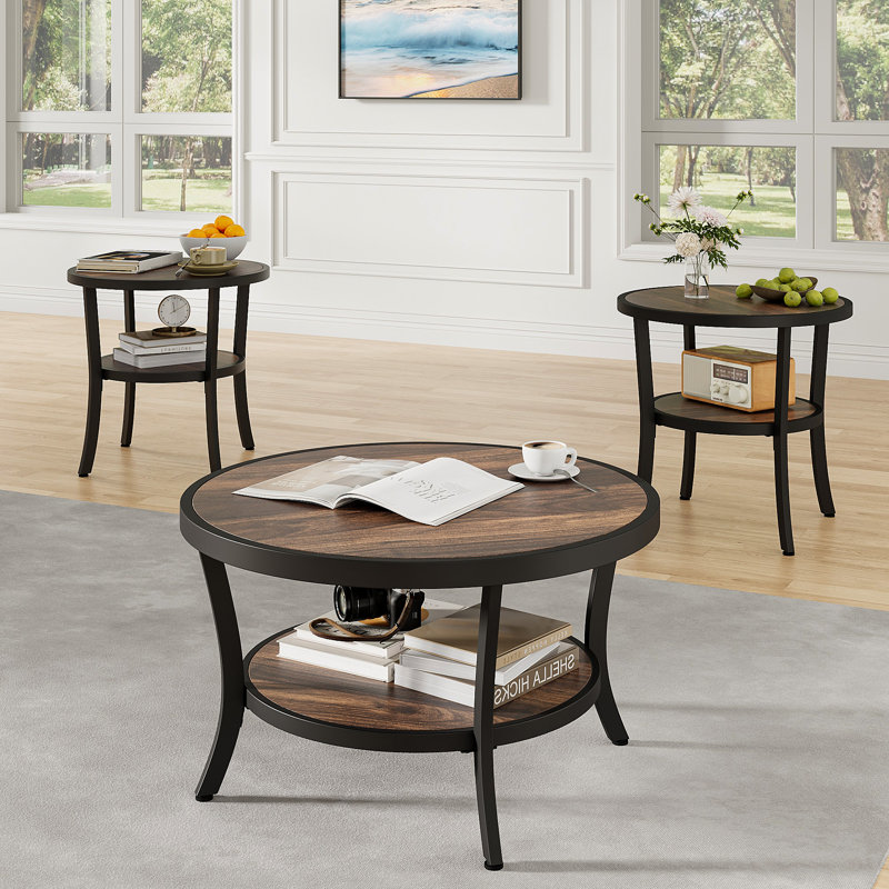 3-Piece Rustic Industrial Living Room Table Set With 31.5" Round Coffee Table And Two 23.6" Round Side Tables