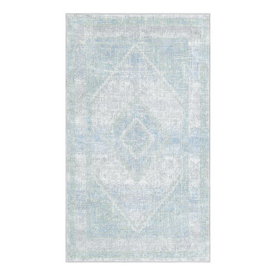 Tapis oriental en polyester tissé à la machine en gris / vert / bleu Massie