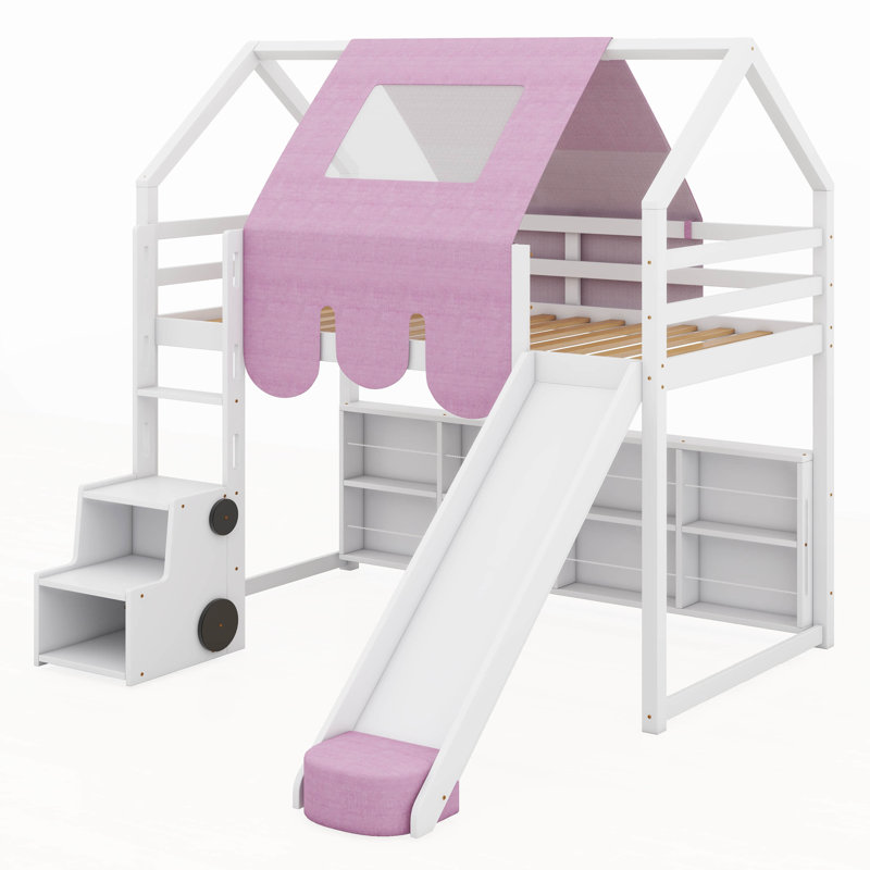Structure de lit simple en forme de mezzanine en bois avec tente et base de lit en bois, Blanc / rose