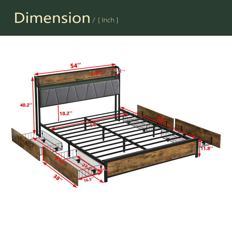 Cadre de lit, tête de lit avec station de charge et 4 tiroirs de rangement, lumières DEL, Lit double