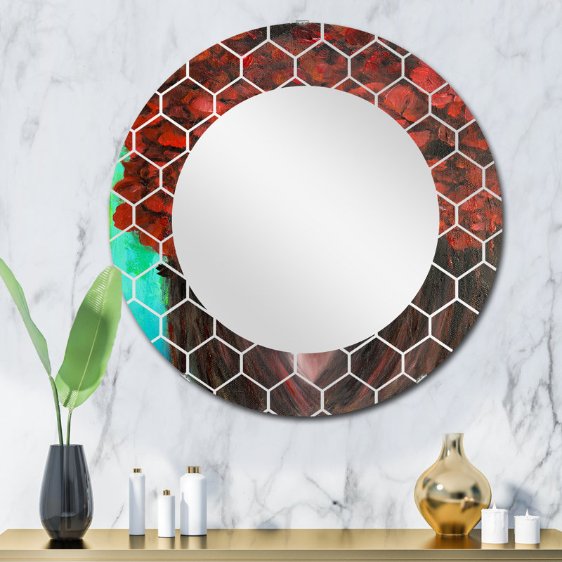 Portrait d'une jeune femme avec des fleurs rouges - miroir mural moderne, 32 po x 32 po