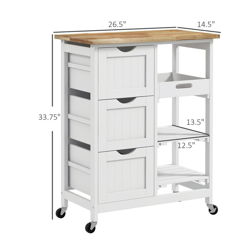 Rolling Kitchen Island Cart, Bar Serving Cart With Drawers, White