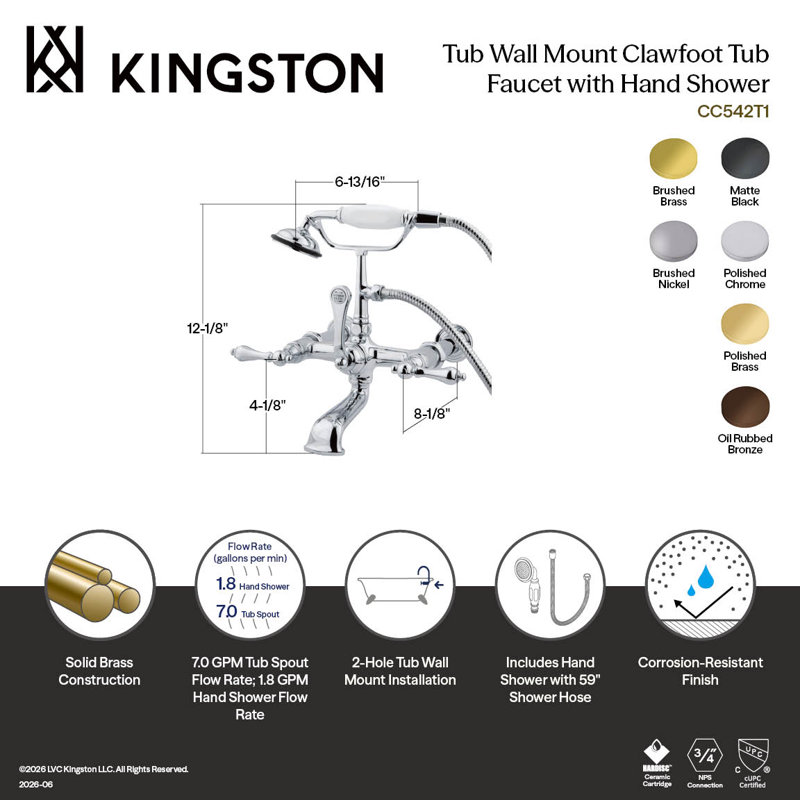 Kingston Brass Vintage Three-Handle 2-Hole Tub Wall Mount Clawfoot Tub Faucet with Hand Shower, Oil Rubbed Bronze