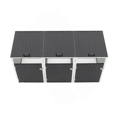 La remise à poubelle permet de ranger 3 poubelles avec tige de support pneumatique, avec portes verrouillables et chaîne de couvercle imperméable, pour patio, jardin, cour arrière, gris
