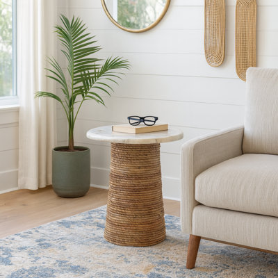 Accent Table Shell And Woven Capiz Textured Pedestal Base Coastal Casual Style For Home Office Bedroom Living Room - 20" Ivory & Tan