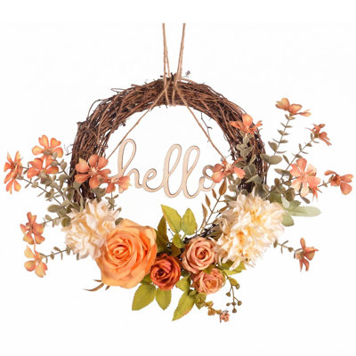 Couronne de soie artificielle rose, couronne de décoration de café pour porte murale de bureau extérieur