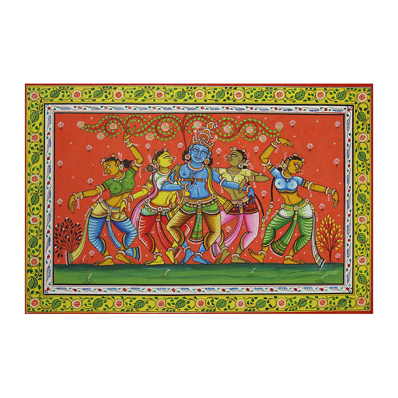 Krishna danse avec Gopis | Aquarelle sur Patti