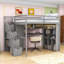 Lit mezzanine double en bois avec garde-robe, bande lumineuse, bureau et escalier de rangement-147514713