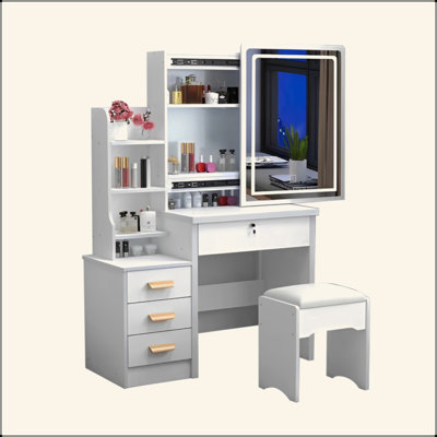 Fashion Vanity Desk With Mirror And Lights For Makeup And Chair, Vanity Mirror With Lights And Table Set With 3 Color Lighting Brightness Adjustable,
