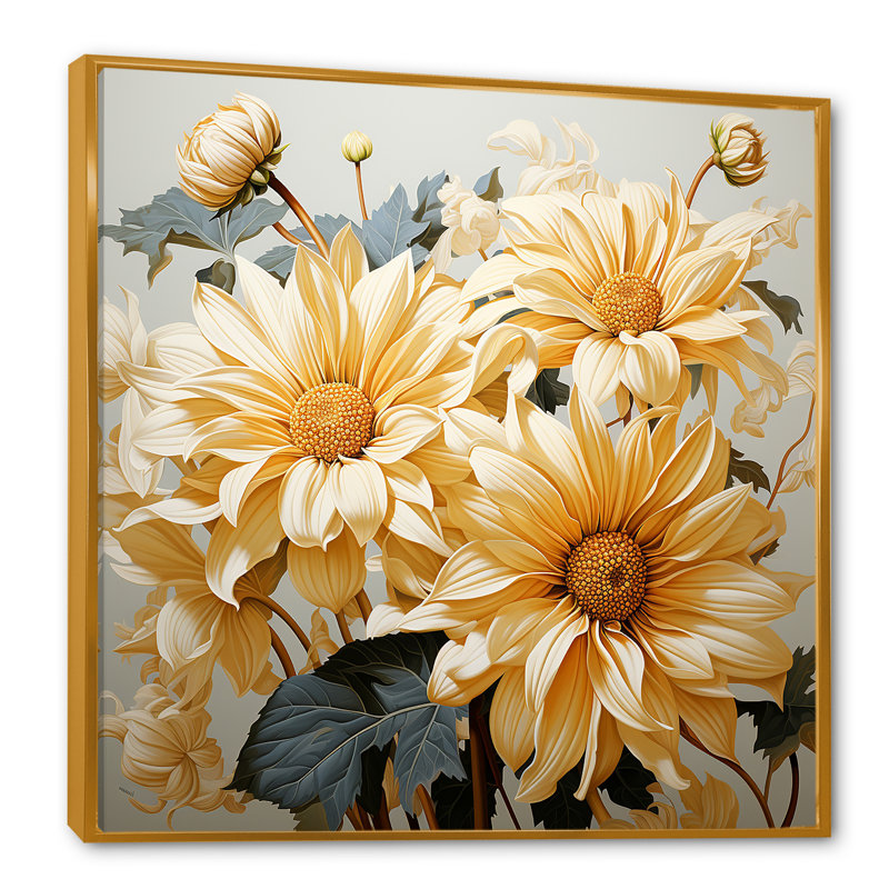 Tournesols gris et jaunes doux - impression, Cadre flottant doré, H 30 po x l 30 po x P 1 po