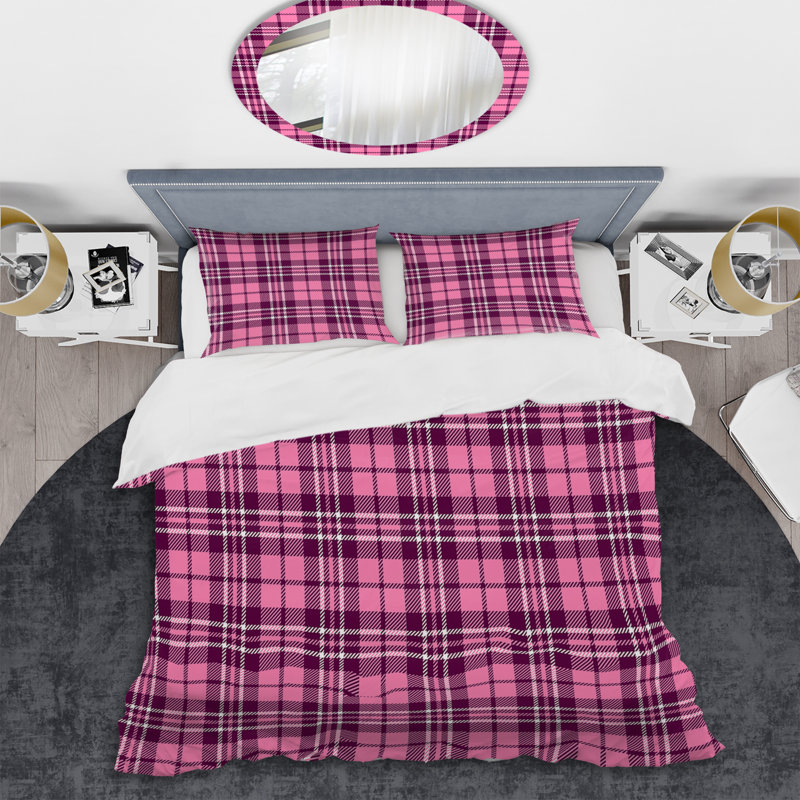 Tartan à carreaux roses - Ensemble de housse de couette abstrait - Microfibre de polyester