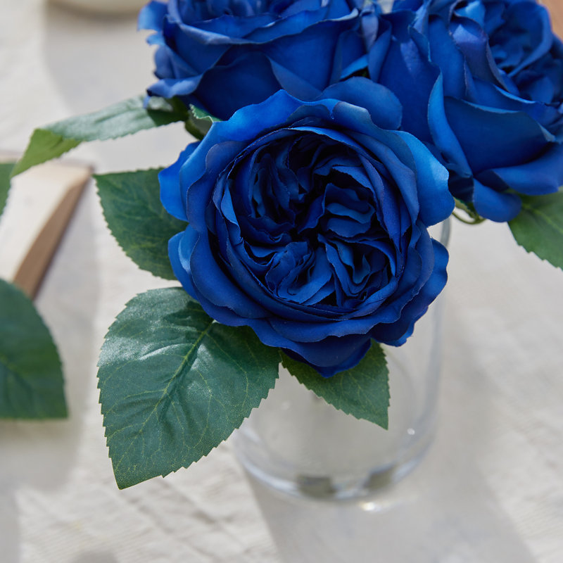 Faux roses en soie dans un vase en verre pour la décoration de la maison ou des toilettes, Bleu marine