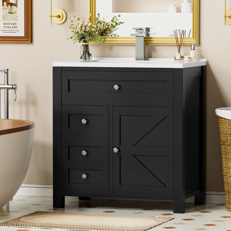 Meuble-lavabo 30 po avec lavabo, meuble-lavabo en bois avec tiroirs, rangement multifonctionnel, Noir