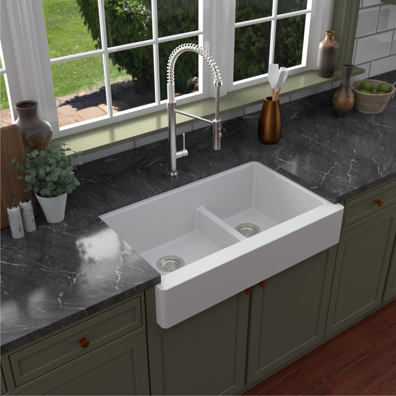 Karran Retrofit Farmhouse/Apron-Front Quartz Composite 34'' X 21-1/4'' 60/40 Double Bowl Kitchen Sink, Matte White