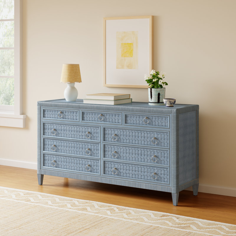 Monterey 9-Drawer Wicker Dresser, Sea Glass, No, Satin Nickel