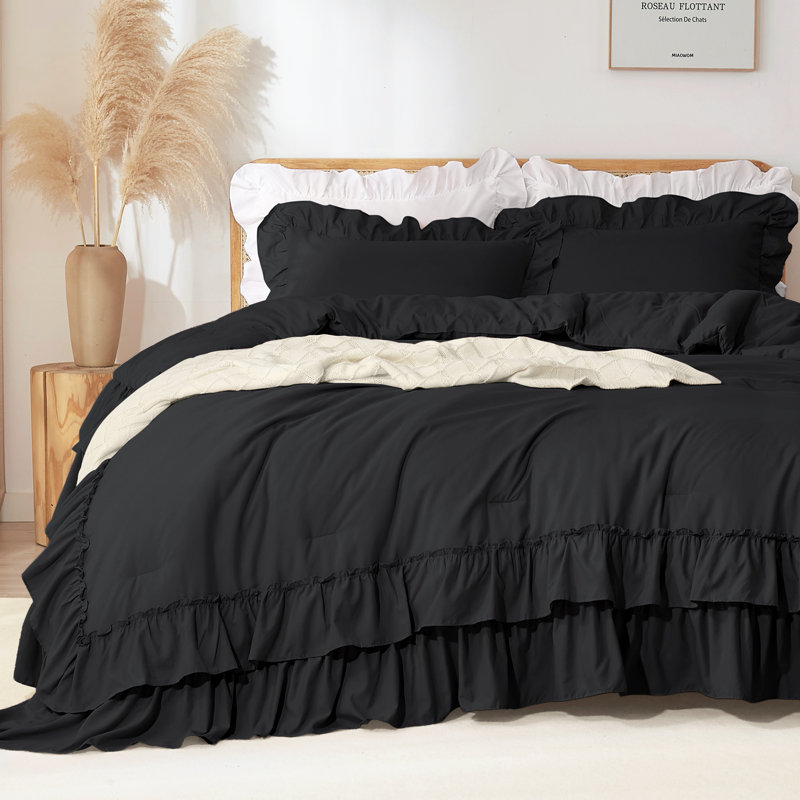 Ensemble de couette à volants Suncomfy, format Queen, 3 pièces, style shabby chic, noir, 229 x 229 cm, couette à volants double épaisseur, douce et légère pour un confort optimal en toute saison.