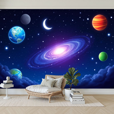Wall Mural Peel and Stick Wallpaper Galaxy Planet Blue Sky Stars Moon Spiral Galaxy Planets Distinct Self-Adhesive Removable Contact Paper Wall Decor for Living Room Bedroom 69"H x 96"W