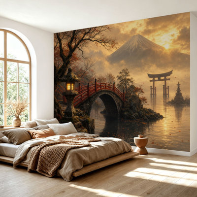 Wall Mural Peel and Stick Wallpaper Japanese Autumn Scene Red Bridge Mount Self-Adhesive Removable Contact Paper Wall Decor for Living Room Bedroom 69"H x 96"W