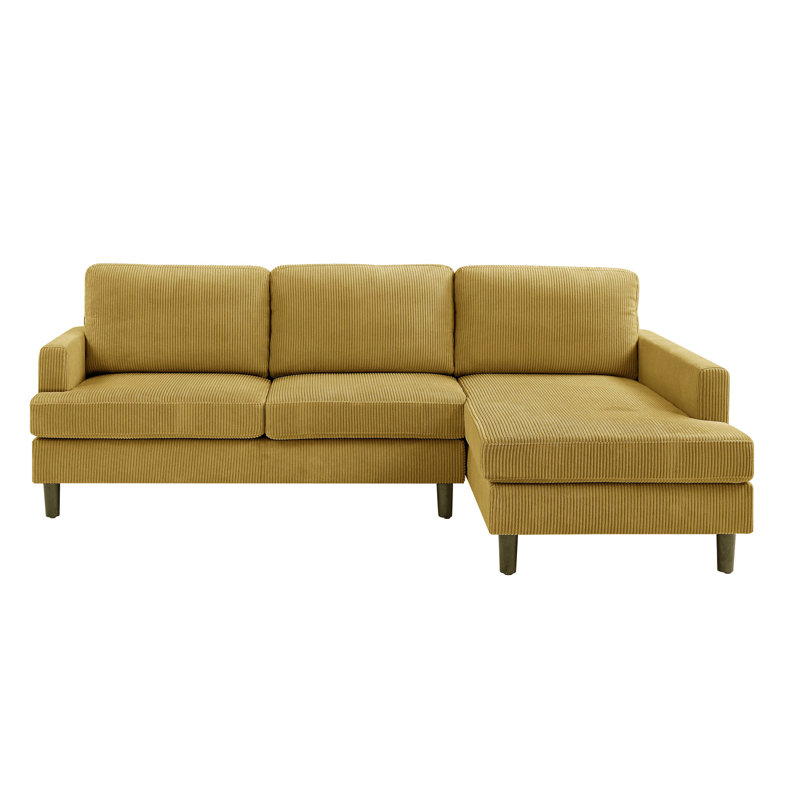 Canapé modulable 3 places avec méridienne, profondeur 149 cm, revêtement en velours côtelé jaune antique, largeur 246 cm, structure en bois massif, coussins garnis, hauteur 89 cm, poids 86 kg