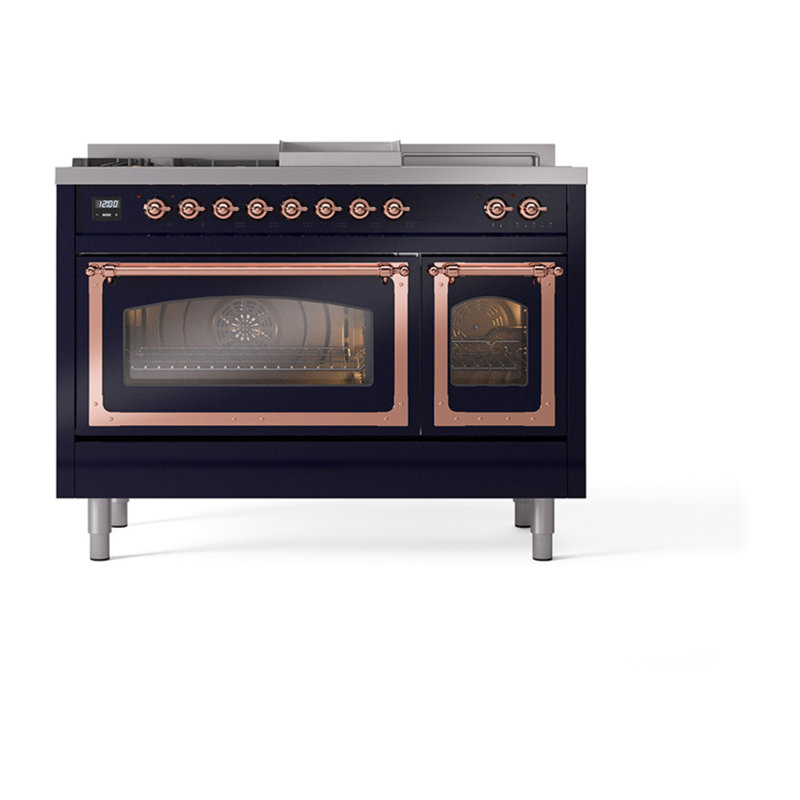 ILVE Nostalgie II Noblesse 48 inch Dual Fuel Range (5 Sealed Burners + Griddle + French Top, Triple Glass Door), Copper