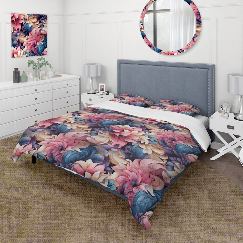 Ensemble de housse de couette Pink & Blue Romantic Love Roses Paisley Pattern