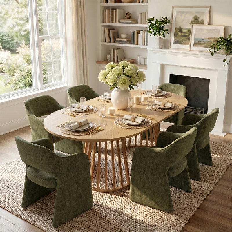 6- Person Dining Table Sets With Extendabe Oval Table & 6 Upholstered Fabric Dining Chairs, Olive Green