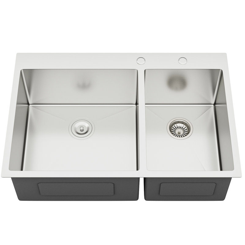 Évier de cuisine à double cuve en acier inoxydable de calibre 16 T304 de 33 po x 22 po x 10 po à double cuve 60/40, conception à tablier avant, écoulement d'eau en forme de X pour un drain en douceur, coin arrondi R10 plus d'espace, revêtement et rembourrage,