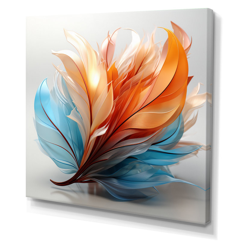 Fractal, plume d'ambre orange et turquoise I - art mural de plumes pour le salon, H 36 po x l 36 po, Toile tendue, Sans cadre