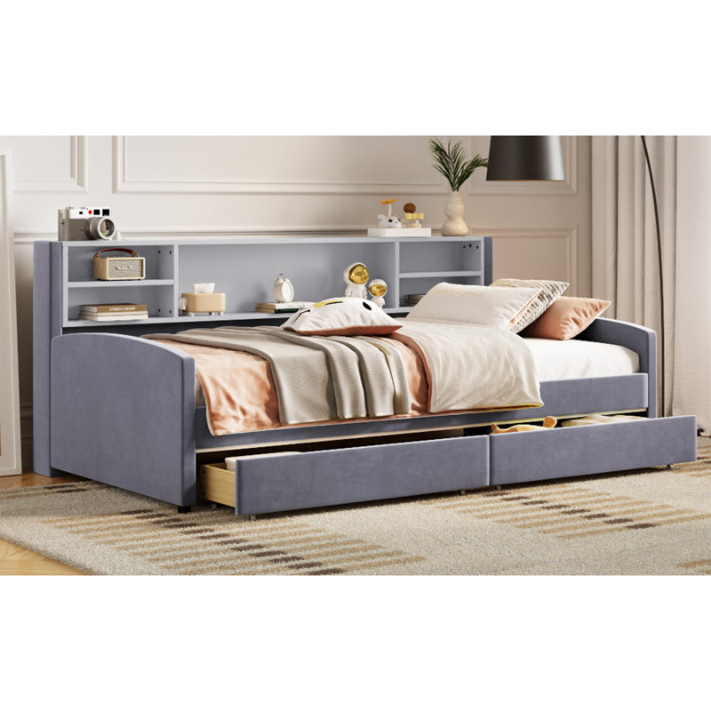 Lit plateforme simple tapissier avec rangement et tiroirs, gris, Gris