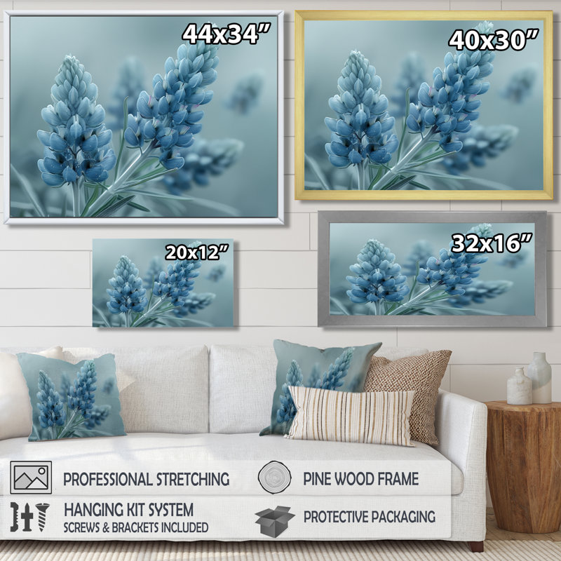 Bonnets gris bleus «Meadow I» - décoration murale bonnets bleus, H 30 po x l 40 po x P 1,5 po, Toile encadrée flottée blanche