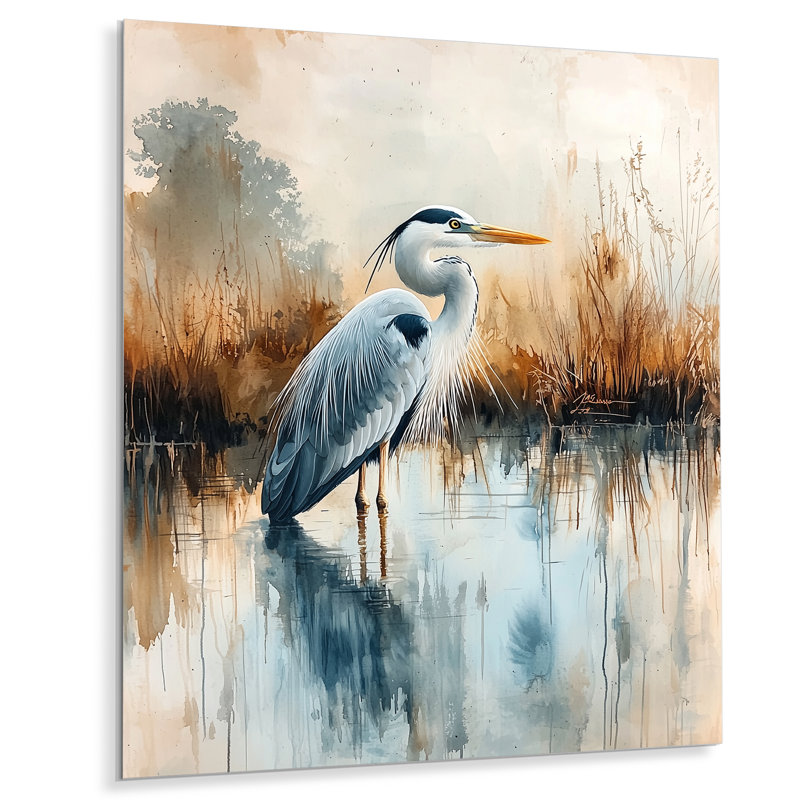 «Tranquil Heron By The Lake III», reproduction d'art moderne en métal, art mural en métal Heron, H 20 po x l 12 po