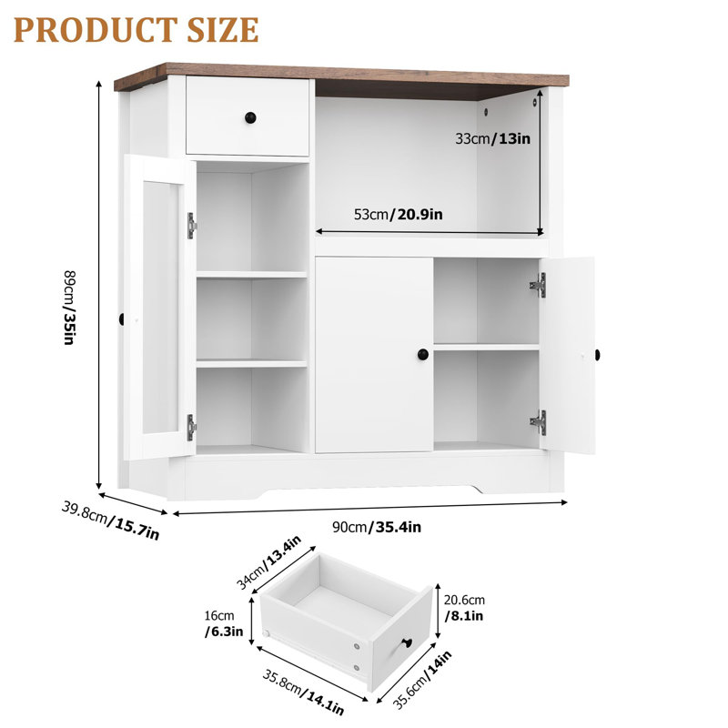 Kitchen Microwave Cabinets/Stand With 3 Doors And 1 Drawer, Buffet Cabinet Sideboard With Adjustable Shelves, White/Walnut