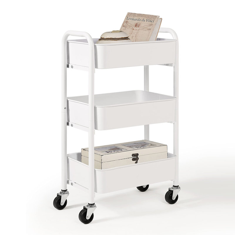 3-Tier Under Desk Mobile Utility Cart with Metal Storage Organizer, White