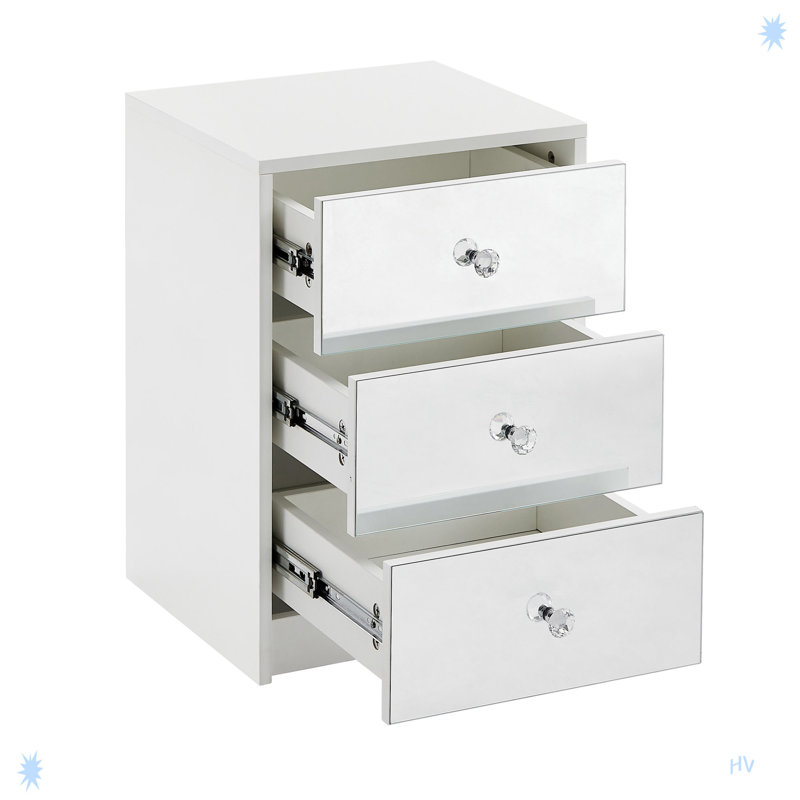 Table de chevet 3 tiroirs pour chambre à coucher, table de chevet moderne en bois et miroir, table de bout carrée en verre avec rangement pour chambre à coucher, canapé, blanc